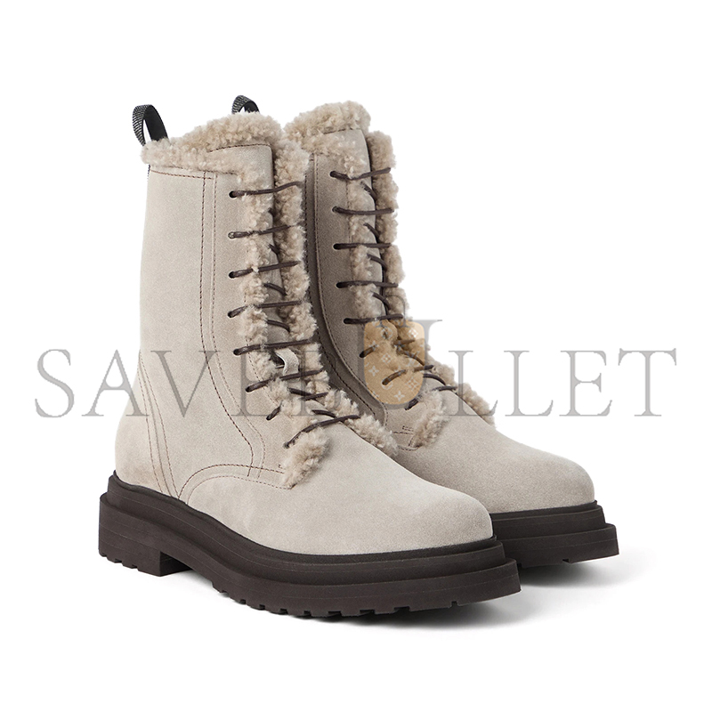 BRUNELLO CUCINELLI SHINY SUEDE ANKLE BOOTS WITH EMBELLISHED HEEL TABS AND SHEARLING SHEEPSKIN LINING 252MZSFG3123